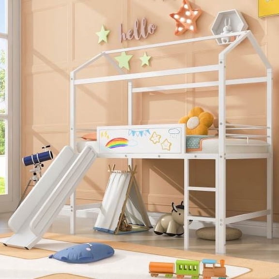 Bellemave Metal Loft Bed with Slide, Twin House Bed With Roof & Two-sided writable, Twin Loft Bed with Storage, No Box Spring Needed, White