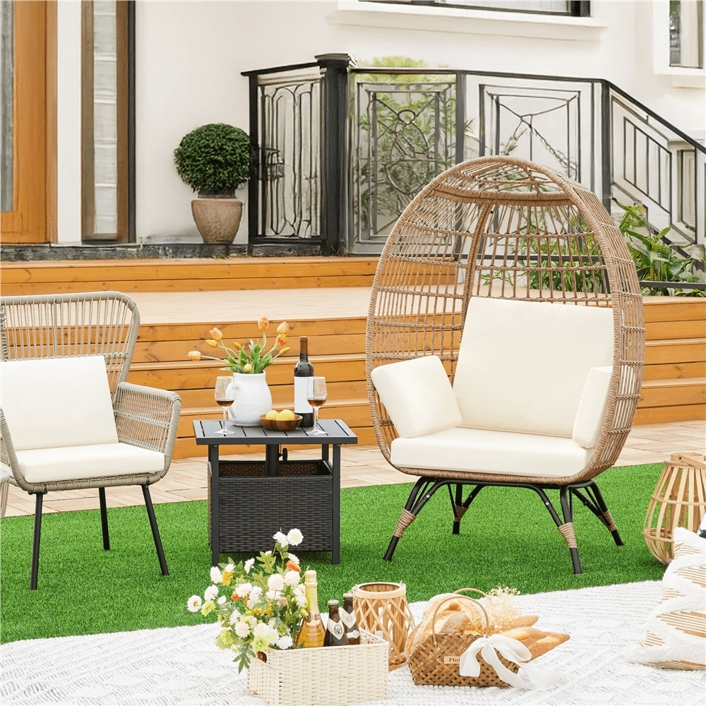 Alden Design PE Rattan Egg-shaped Basket Lounge Chair with 4 Cushions for Patio, Light Brown/ Ivory