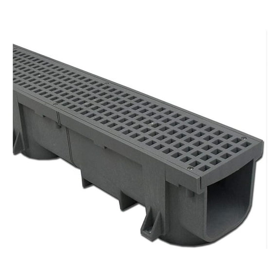Heavy Duty 4ft Trench Drain & Grate - Gray - Cuttable to 12", 24", 36" - Outdoor Drainage System for Driveways, Patios, Lawns - 3/4" Outlet