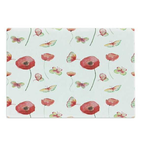 Flower Cutting Board, Vintage Pattern with Poppy and Butterfly Romance Themed Illustration Art Print, Decorative Tempered Glass Cutting and Serving Board, Large Size, Coconut and Red, by Ambesonne