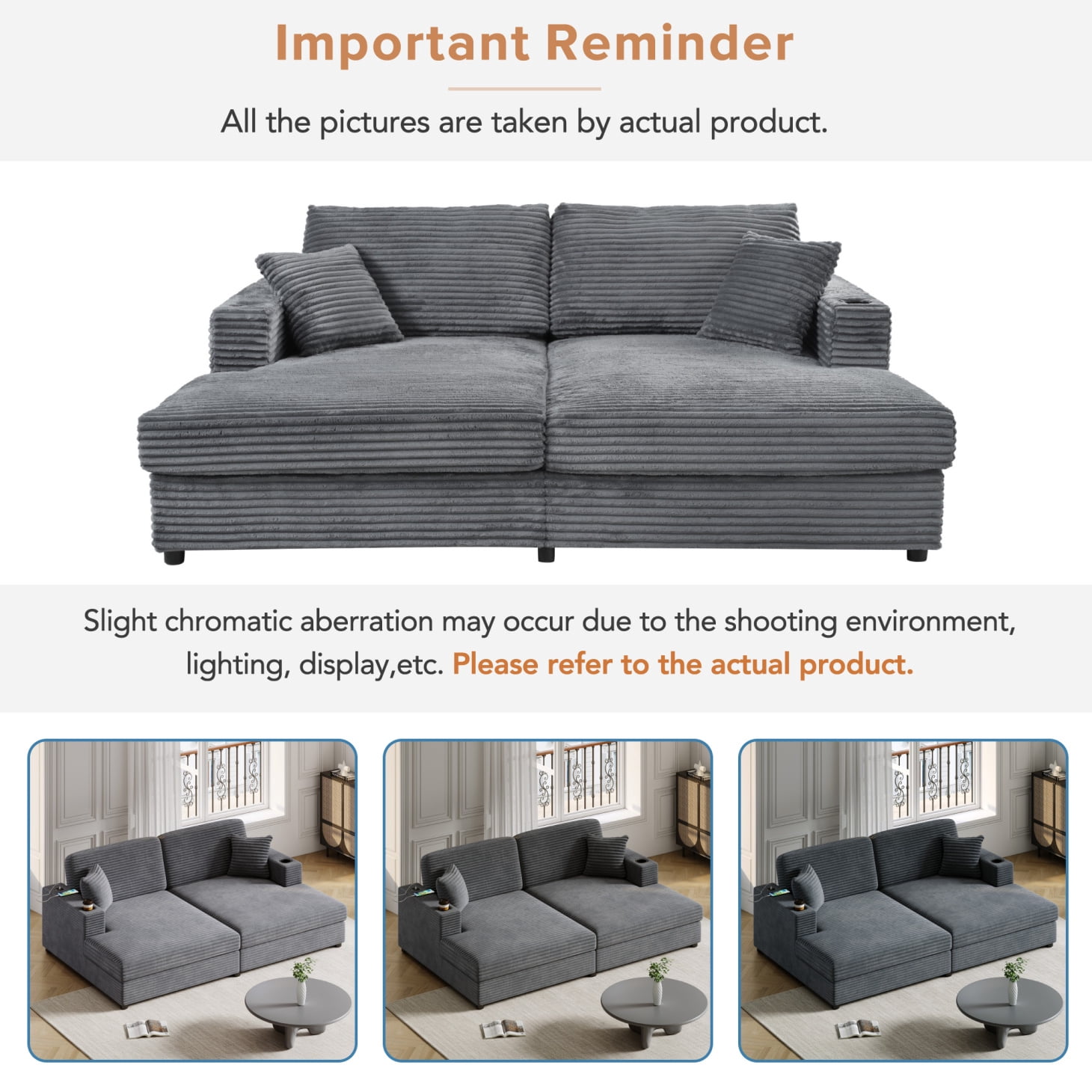86.5" Oversized Double Lounge Chaise, Upholstered Corduroy Loveseat with 2 Cup Holders and 2 USB Ports, Modern Deep Seat Cloud Couch with Throw Pillows for Living Room, Dark Gray