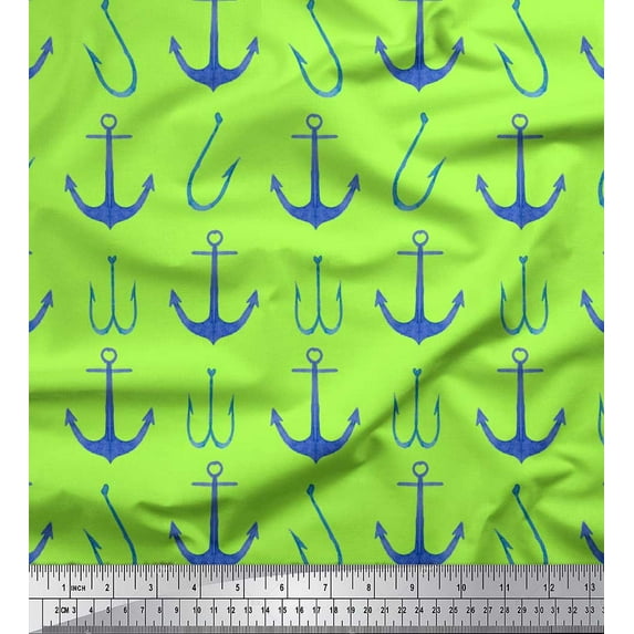 Soimoi Green polyester Crepe Fabric Anchor Hook Nautical Decor Fabric Printed Yard 52 Inch Wide