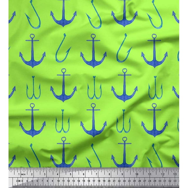 Soimoi Green Silk Fabric Anchor Hook Nautical Print Sewing Fabric Yard 42 Inch Wide
