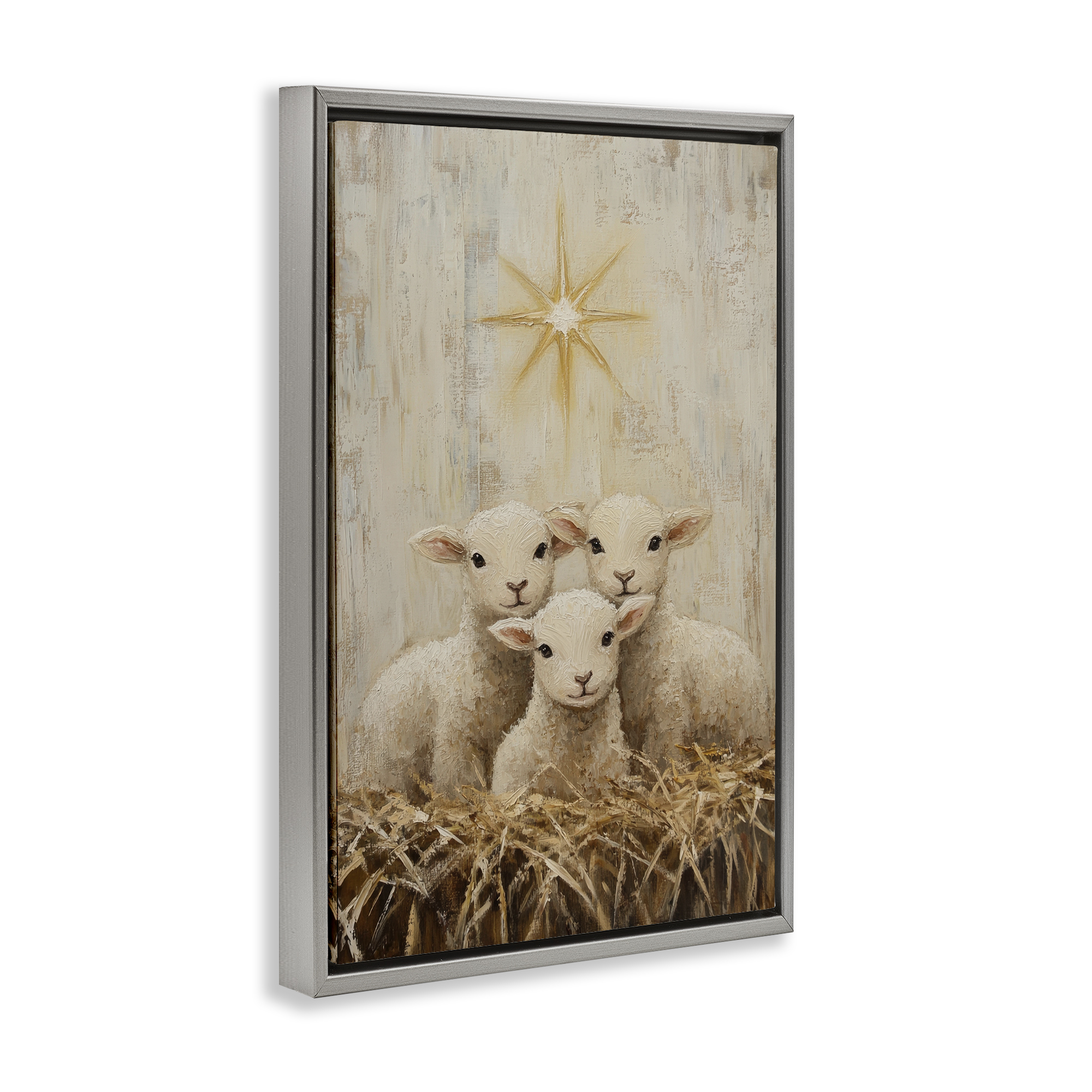 Christmas Lambs Trio Gray Framed Floater Canvas Wall Art, design by Petal Prints Design