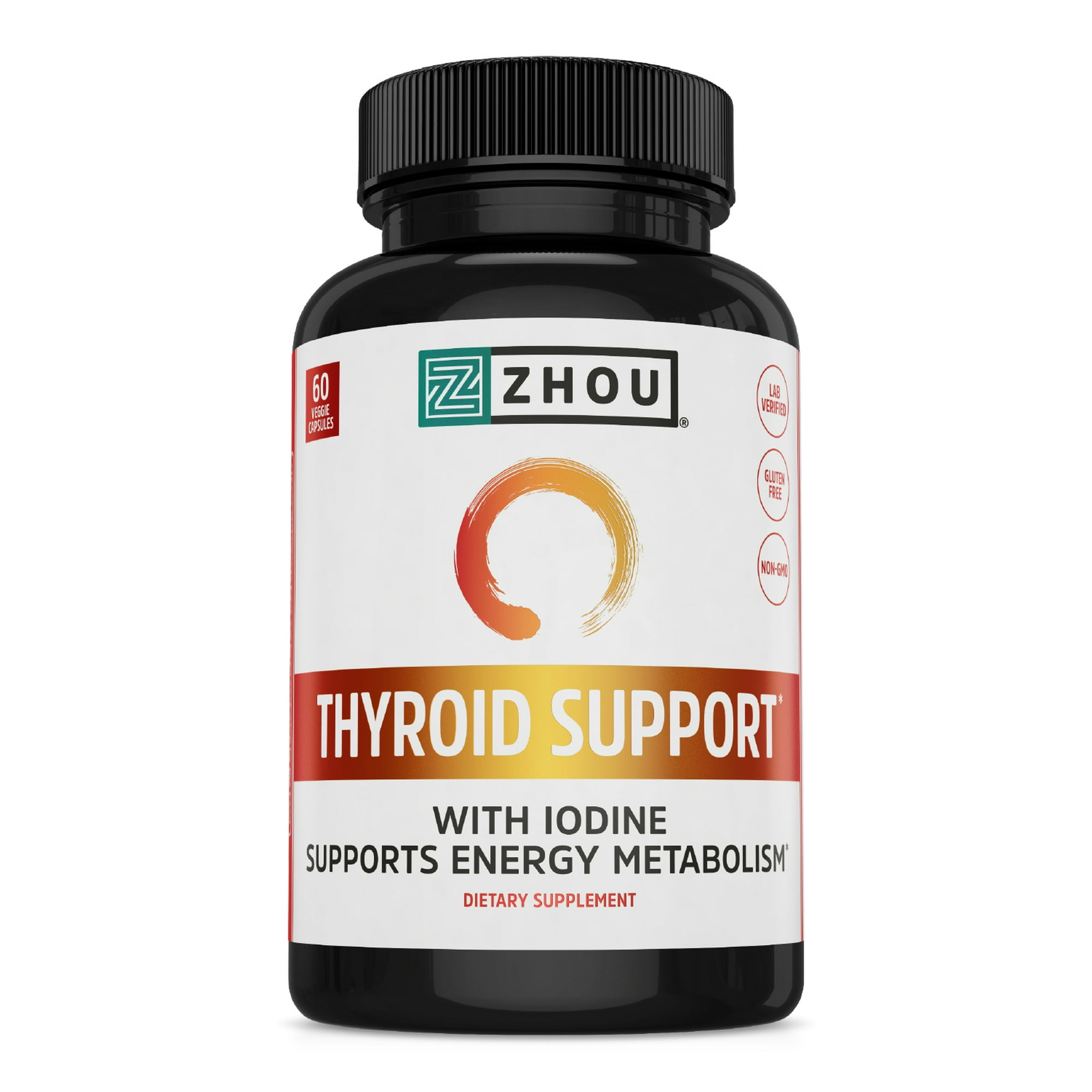 Zhou Thyroid Support Complex with Iodine Supplement, Increase Energy, Fight Brain Fog with Vitamin B12, Iodine, Magnesium, Zinc, Selenium, No Soy, Gluten-Free, 30 Servings, 60 Caps