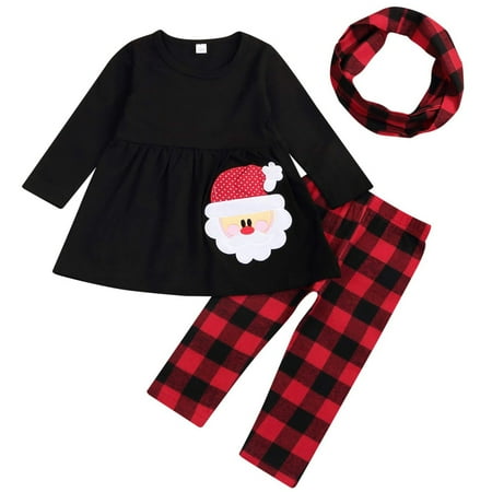 

1-6T Kids Baby Girls Santa Claus Ruffle Flare Tunic Dress Top + Plaid Long Pants Leggings with Scarf 3PC Christmas Outfit Set Clothes
