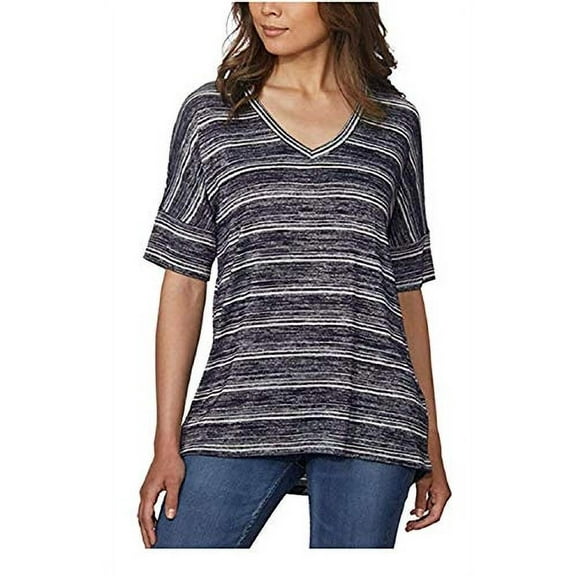 Calvin Klein Womens V-Neck Stripe Short Sleeve Tee Knitted T-Shirt (M, Peacoat)