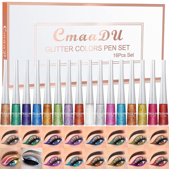 Aseawave Juego de delineador de ojos con purpurina líquida de 16 colores, sombra de ojos con brillo metálico, delineador de ojos colorido con arcoíris, larga duración, resistente al agua, labios facia