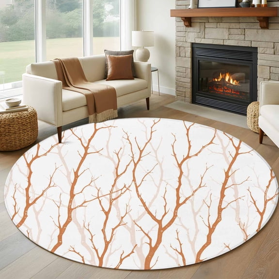 Round Rug 6Ft Washable Non-Slip, Orange Branches Circle Area Rugs for Living Room Bedroom, Modern Abstract Art Forest Silhouettes Indoor Floor Mats Carpet Runner for Home Decor Aesthetic