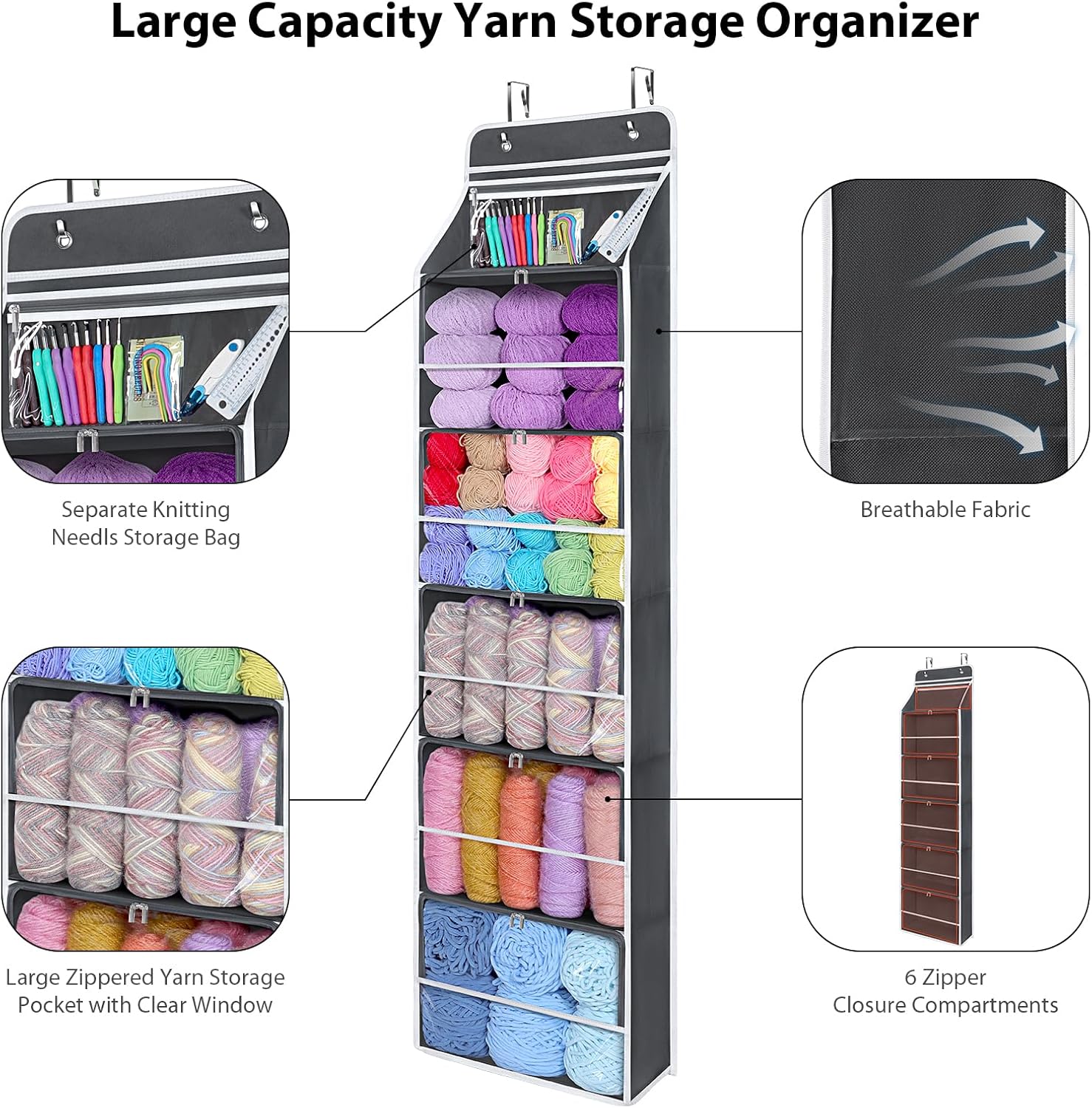 Hanging Yarn Storage Organizer with 6 ZipperClosure Compartments, Large Capacity Knitting Organizer Storage, Over The Door Hanging Yarn Holder for Knitting Needles, Crochet Hooks (Dark Grey)