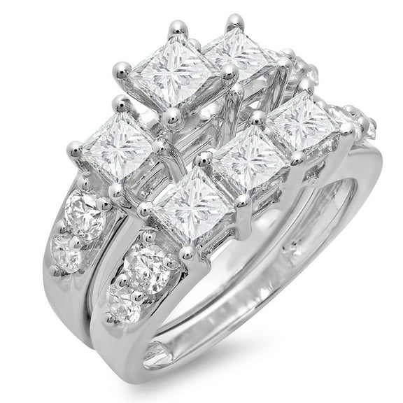 Dazzlingrock Collection 3.10 Carat (ctw) 14K Princess & Round Diamond Ladies 3 Stone Ring Set 3 1/10 CT, White Gold, Size 7