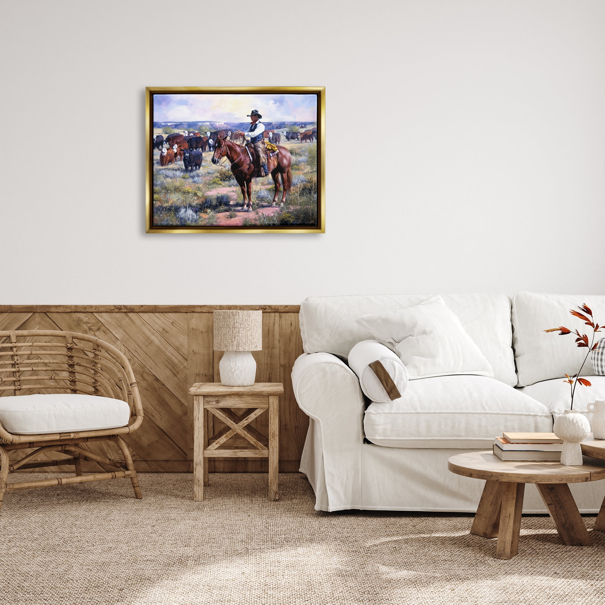 Stupell Industries Cowboy Herding Cattle Ranch Animals & Insects Painting Gold Floater Framed Art Print Wall Art, 31 x 25