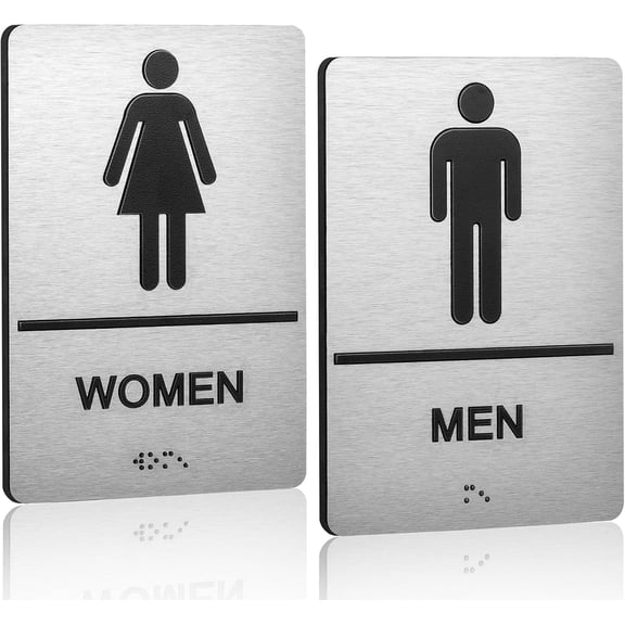 Bathroom Signs, Men's & Women's Restroom Signs for Business, Brushed Aluminum ADA Raised Braille Restroom & Bathroom Door Sign with Strong Self-Adhesive, Silver Size 9'' X 6 '' （2 Pieces Set）