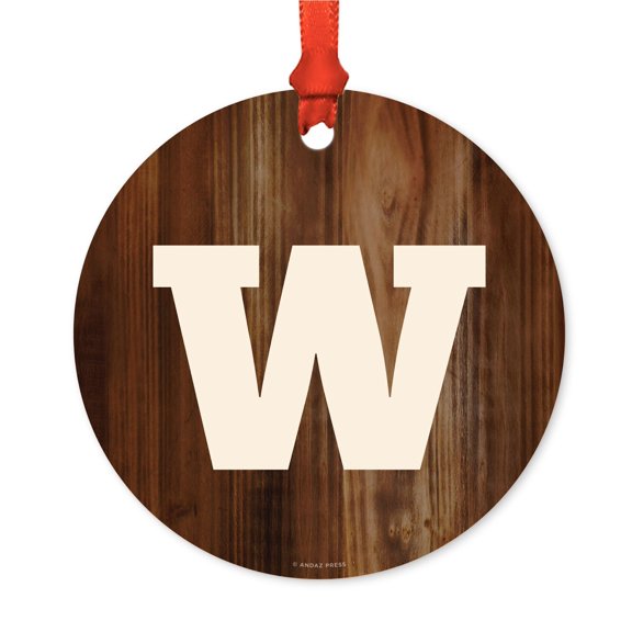 Metal Christmas Ornament, Monogram Letter W, Rustic Wood, Includes Ribbon and Gift Bag