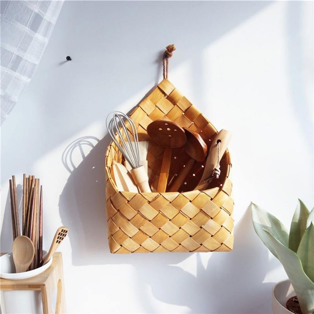 Wall Hanging Pocket Basket; Woven Wicker Rustic Farmhouse Rattan