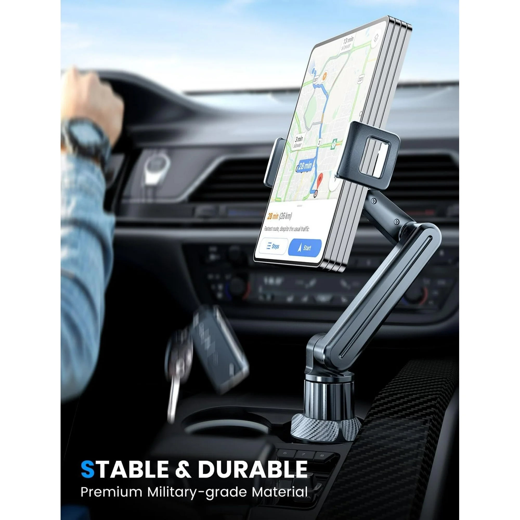 Tablet Holder for Car, for iPad Cup Holder Car Mount with 1.57" Depth Large Clamp 15" Height Adjustable for iPad Holder for Car for 6"-12.9" Cell Phone iPhone iPad Stand Travel Accessories