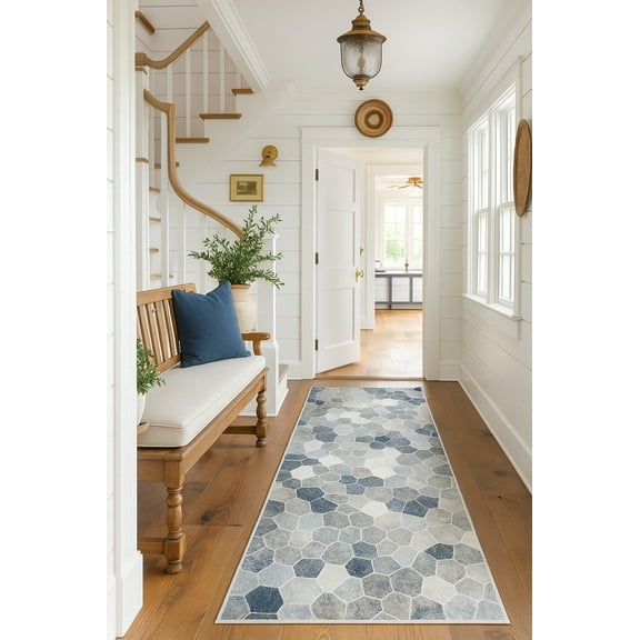 Rug Branch Contemporary Geometric Blue Beige Indoor Runner Rug - 2x15