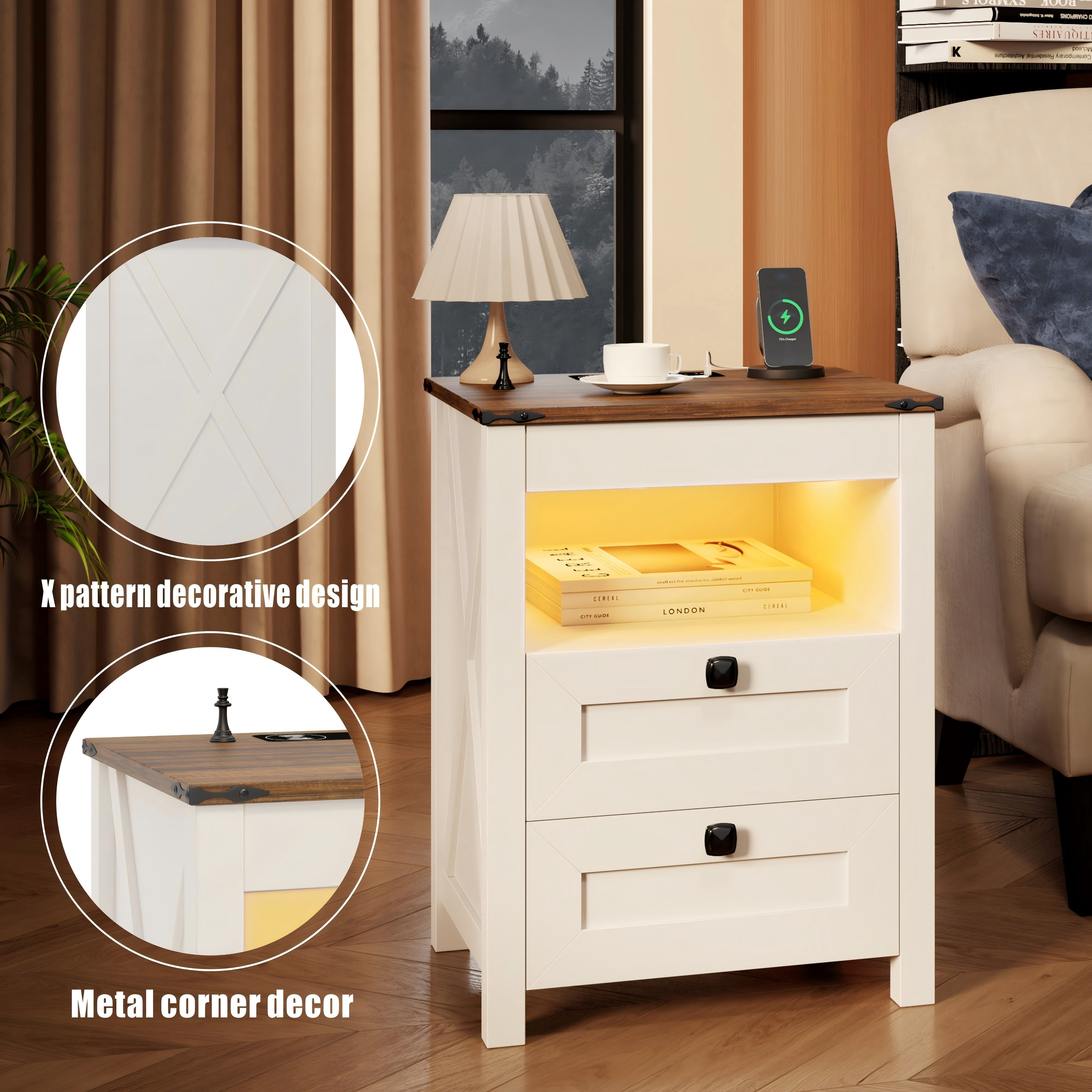 VKCC Rustic 2 Drawers Nightstand with LED Lights & Charging Station, Farmhouse Bedside Table with Open Shelf, White