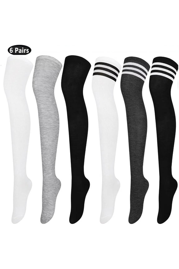 6 Pairs Thigh High Socks Warm Stocking Women Boot Sock Leg Warmer High Socks for Daily Wear, Cosplay(White,Black,Grey)