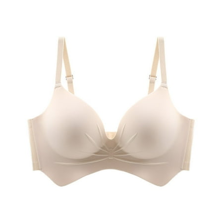 qolati Women Push Up Bras Seamless Wireless Support T-Shirt Bras Comfort Soft Everyday Bra Full Coverages Deep V Neck Bralettes Beige L