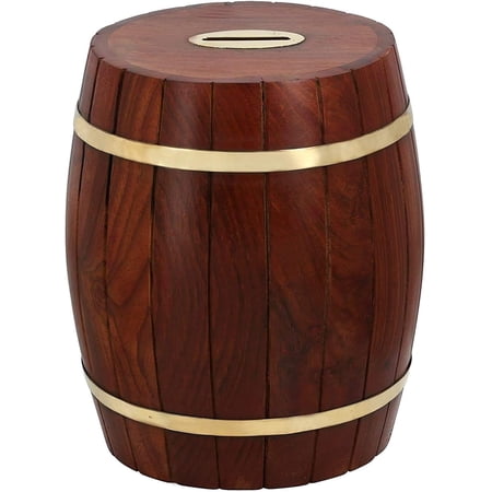 Ajuny Indian Handcrafted Wooden Barrel Shape Piggy Bank with Brass Accents Artisan Artifact Size 7.5 x6 Inches