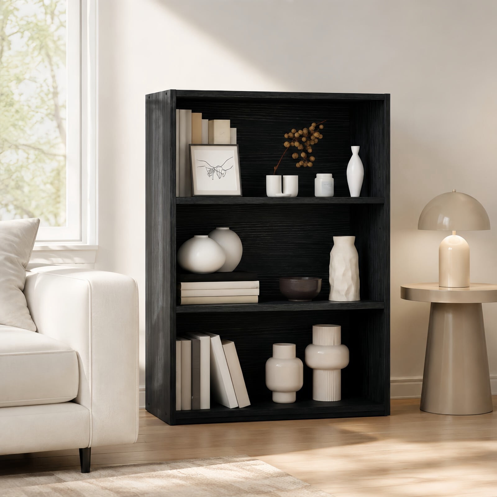 Kelno 3 Tier Vintage Bookshelf 31.5" Freestanding Wood Bookcase with Adjustable Shelf Anti-Tip Kit, Black
