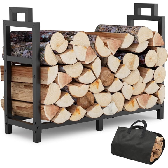 34 Inch Firewood Rack Outdoor Indoor with Handle and Log Carrier Bag, Stable Metal Wood Rack Heavy Duty Log Holder for Fireplace Patio Deck, Rustproof Firewood Storage Organizer Tool, Black, Square