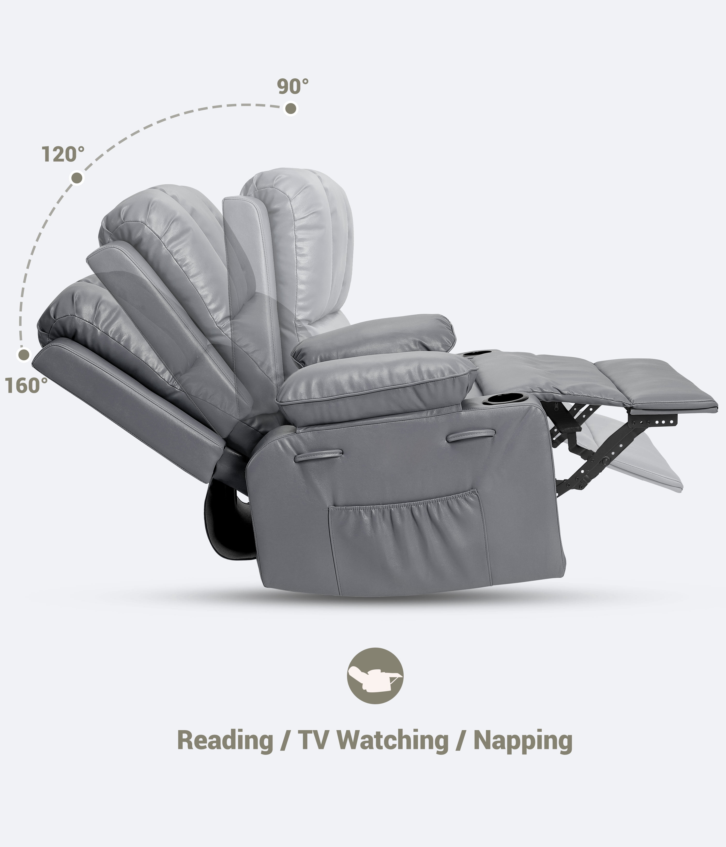 360° Swivel Rocker Recliner Chair for Adults, Lazy Recliner for Adults, 22 in with 1.5X Sponge Filling, Side Pocket, and Cup Holder, for Living Room, Bedroom, and Nursery, Gray