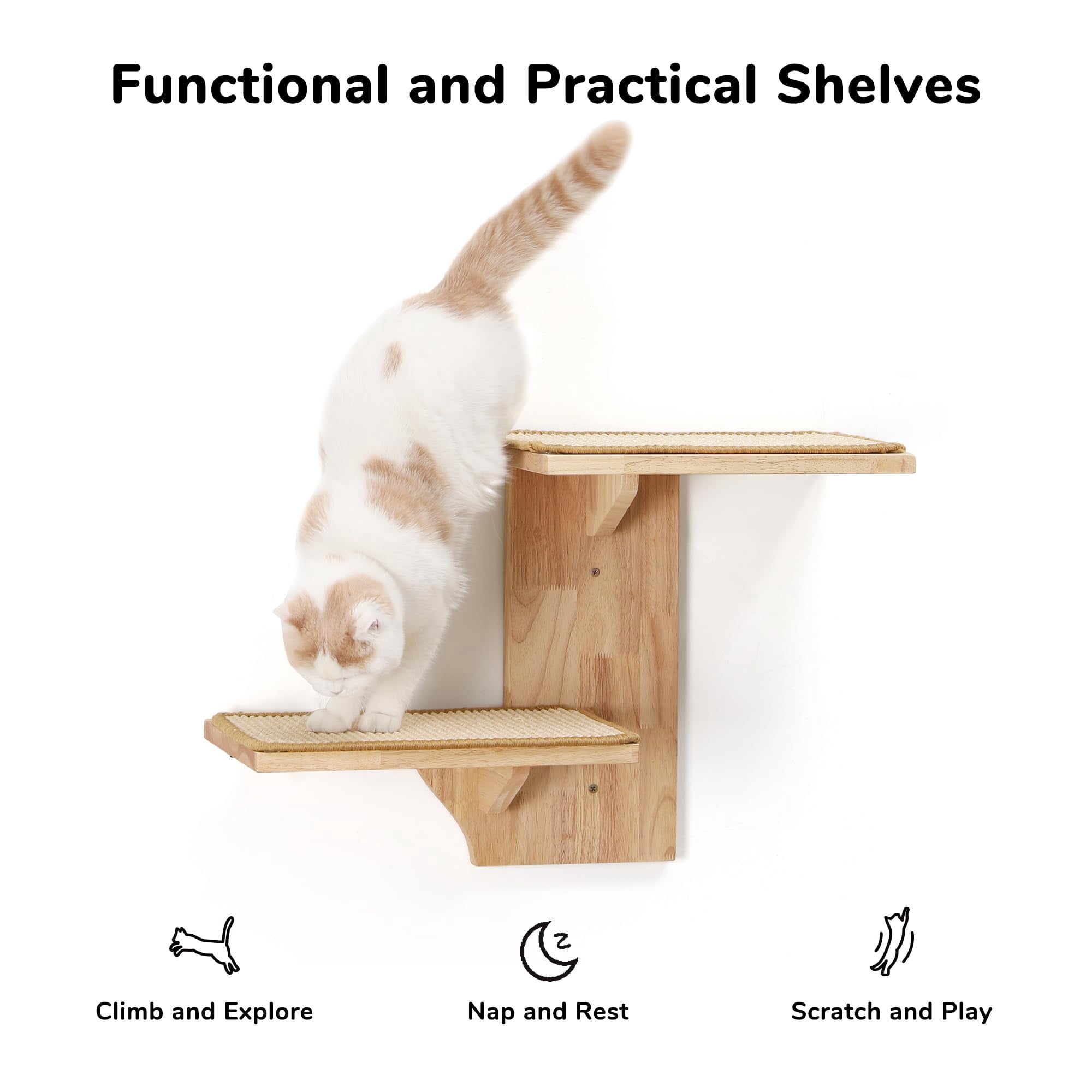 Cat Wall-mounted Floating Shelves With Sisal Mat, Tree Shape Solid Rubber Wood Cat Perch
