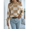 thumbnail image 3 of Women'S Color Block Checkered Off-Shoulder Long Sleeve Y2K Plaid Knitted Pullover Sweater Tops Vintage Sweater Khaki M, 3 of 8