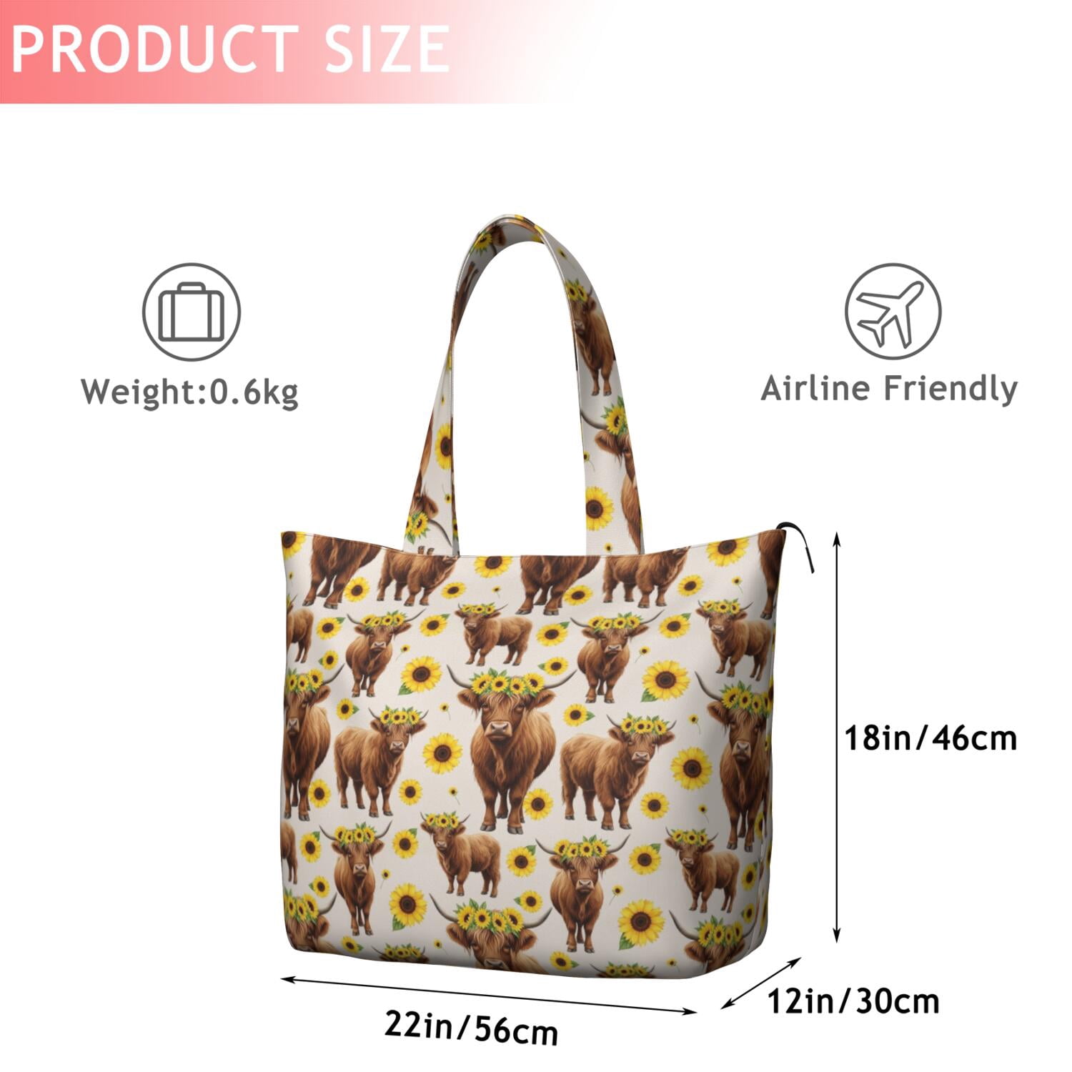 Beige Highland Cow Sunflower Pattern Travel Tote Bags for Women Carry On,Large Weekender Bags for Women Travel,Multi Functional Duffle Bag for Work,Shopping,Sports