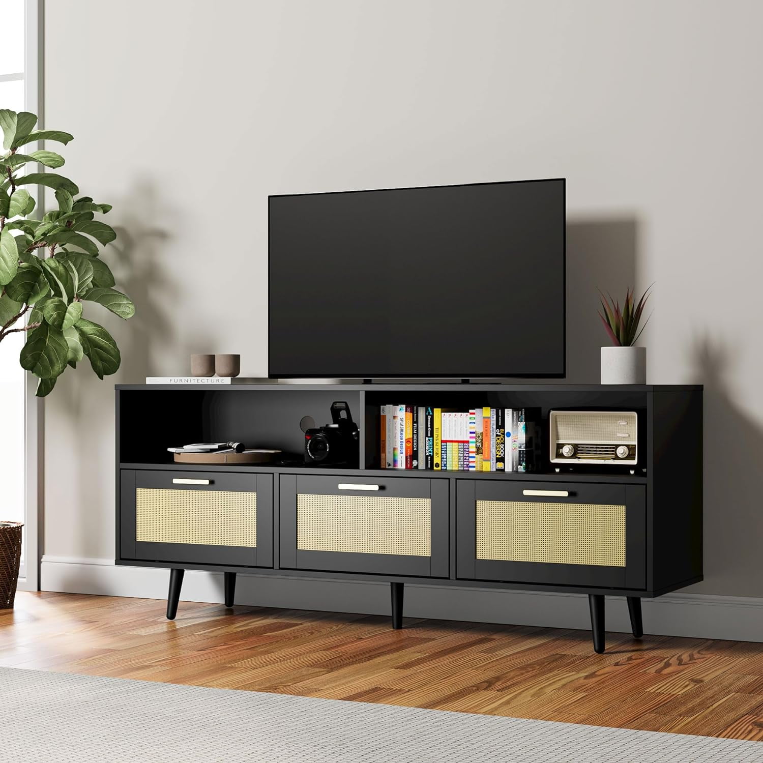 Cozy Castle ラタンテレビスタンド 収納付き 65/70インチテレビ用 61インチ ボーホーTVエンターテイメントセンタ 並行輸入品 : Cozy Castle TV Stand for 48 Inch TV, Mid Century