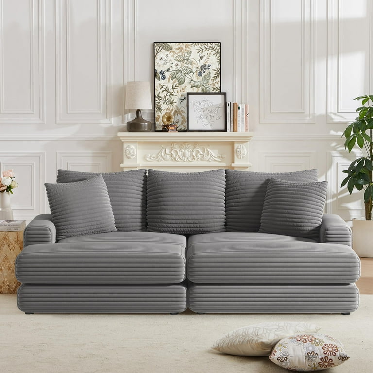 Tuanluo 87 inch Chaise Lounge Indoor Oversized 3 Seater Corduroy Lounge Chair with Ottoman Deep Seat Recliner Chair with Pillows Soild Wood