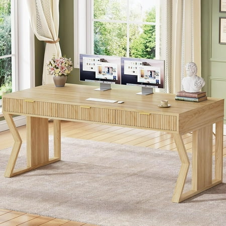 55" Modern Office Desk with 3 Drawers, Executive Computer Desk with Storage for Home Office, Large Workstation, Writing Desk Study Table Vanity Table for Bedroom, Sturdy and Durable, Natural Oak