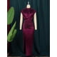 thumbnail image 3 of Women Dress Pleated Long Wine Red Elegant Slit High Collar Slim Fit Sleeveless Maxi Outfits Plus Size Evening Party Shiny Gowns, 3 of 5