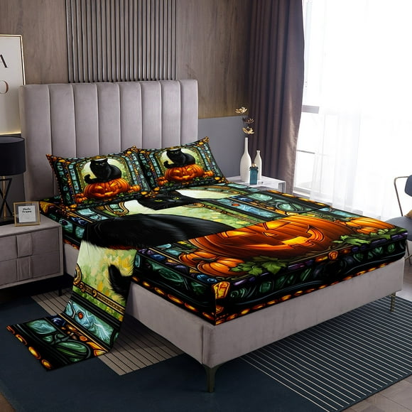Erosebridal Halloween Pumpkin Bed Sheets Twin For Kids,Black Cat Bedding Sets Twin Size,Botanical Decor,Lightweight,3pcs