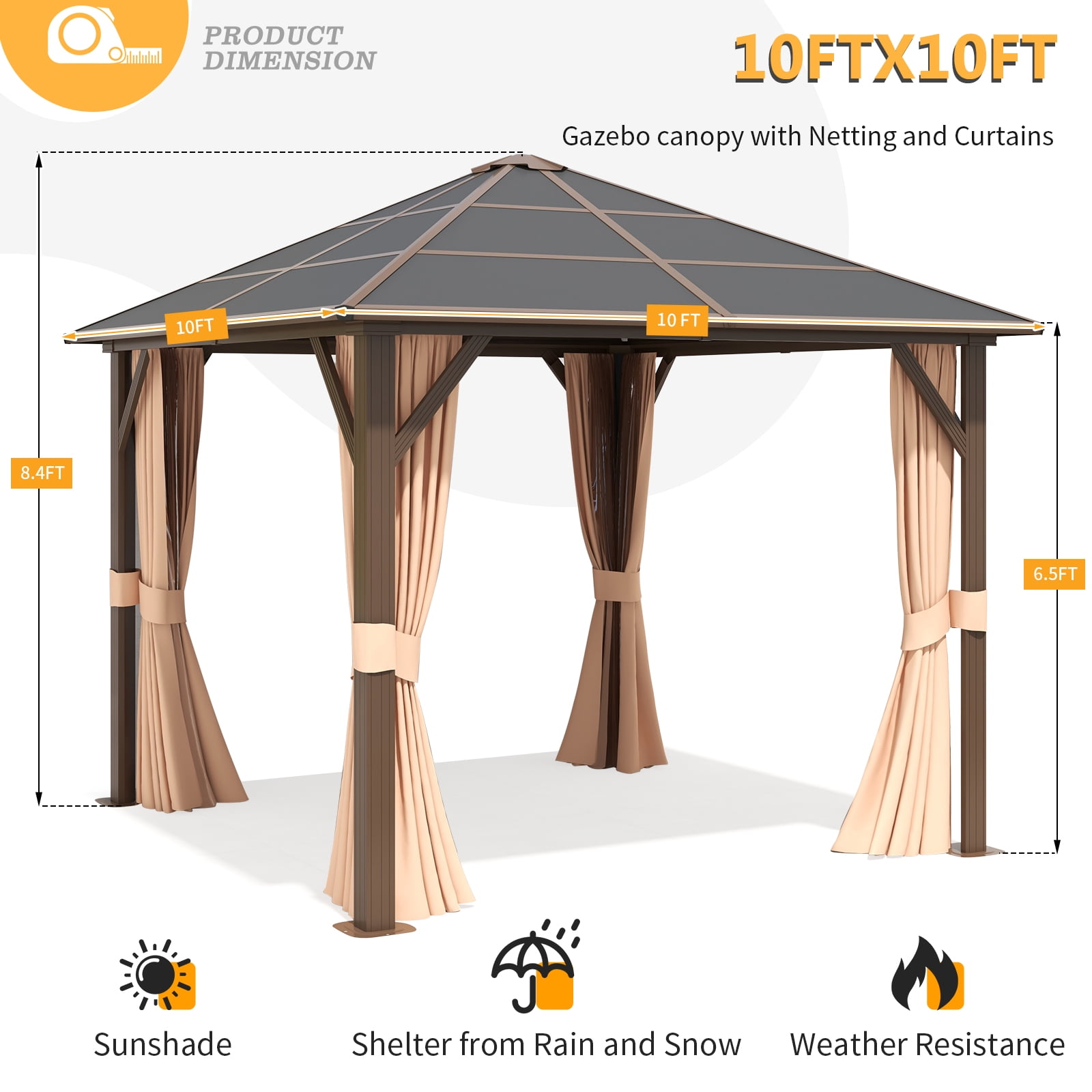 Sunmthink 10x10 ft. Hardtop Gazebo, Aluminum Frame and Polycarbonate Permanent Pavilion for Garden, Patio, Backyards, Brown
