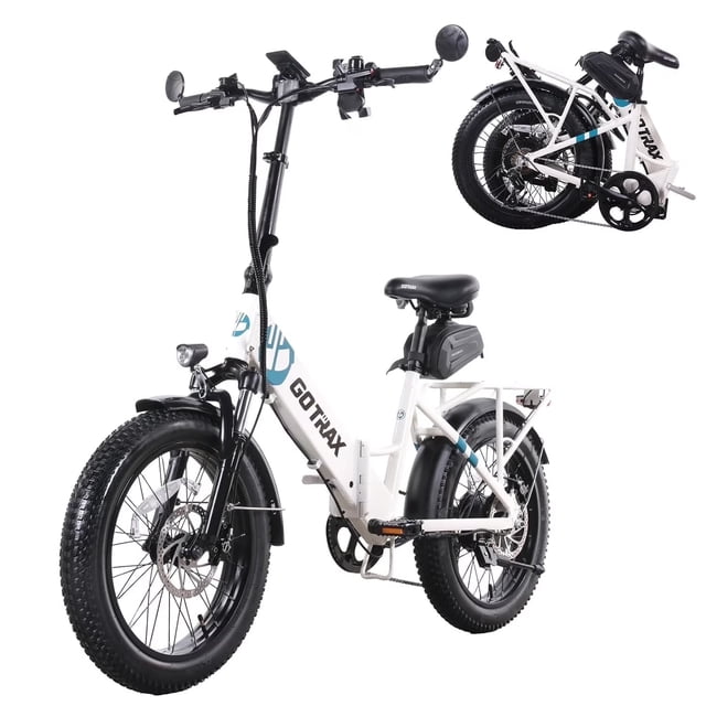 Gotrax R2V2 20-inch foldable electric bike in white, designed for urban commuting and outdoor adventures. Features include a 500W motor, 32 KPH top speed, 64 KM range, and 3.0-inch fat tires for stability on varied terrains. The bike has front-wheel suspension, dual braking system, and adjustable riding modes including electric, pedal assist, and manual. Compact foldable aluminum frame for easy storage, with LED headlight, tail light, and display for speed and battery level.