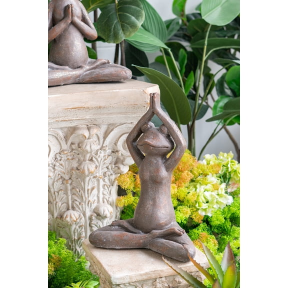 Garden Tools 11.5x6.5x15" Brown Magnesium Yoga Frog Figurine in Namaste Pose with Gold Accents,Outdoor Furniture