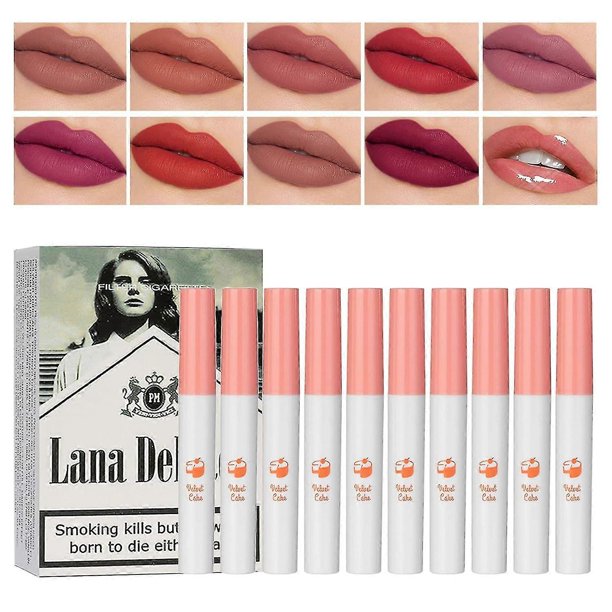 ZHAOCHENG Juego de 10 colores de tinte labial, lápiz labial mate Lana Cigarettes, lápiz labial Cigarette Tube, tinte labial de larga duración 24 horas, resistente al agua Labiales Mate