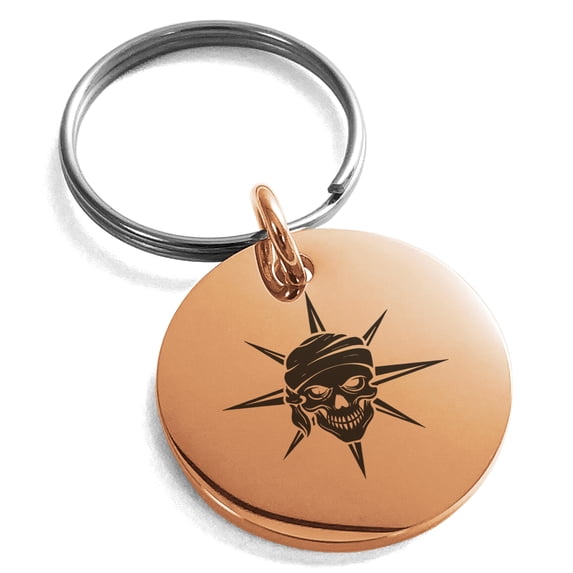 Stainless Steel Pirate Skull Star Compass Engraved Small Medallion Circle Charm Keychain Keyring