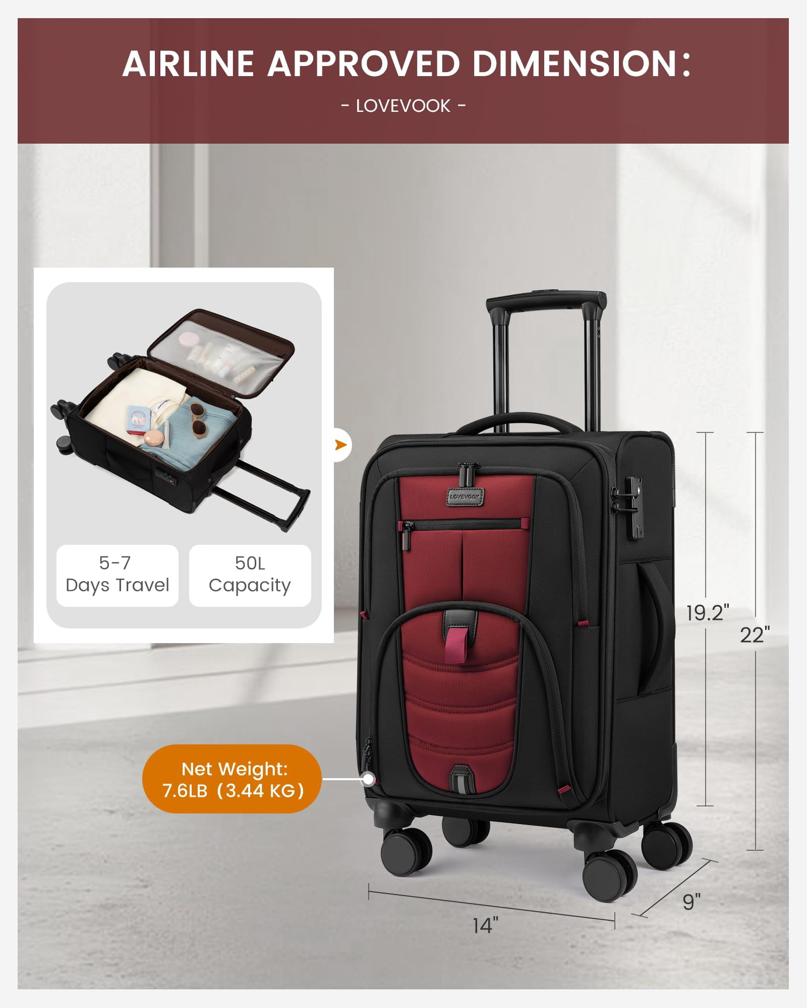 LOVEVOOK Carry On Luggage 22x14x9 Airline Approved, 22-Inch Suitcases with Spinner Wheels, Soft side Luggage with TSA Lock for Men Women Business Trip, Lightweight Large Capacity Luggage for Travel