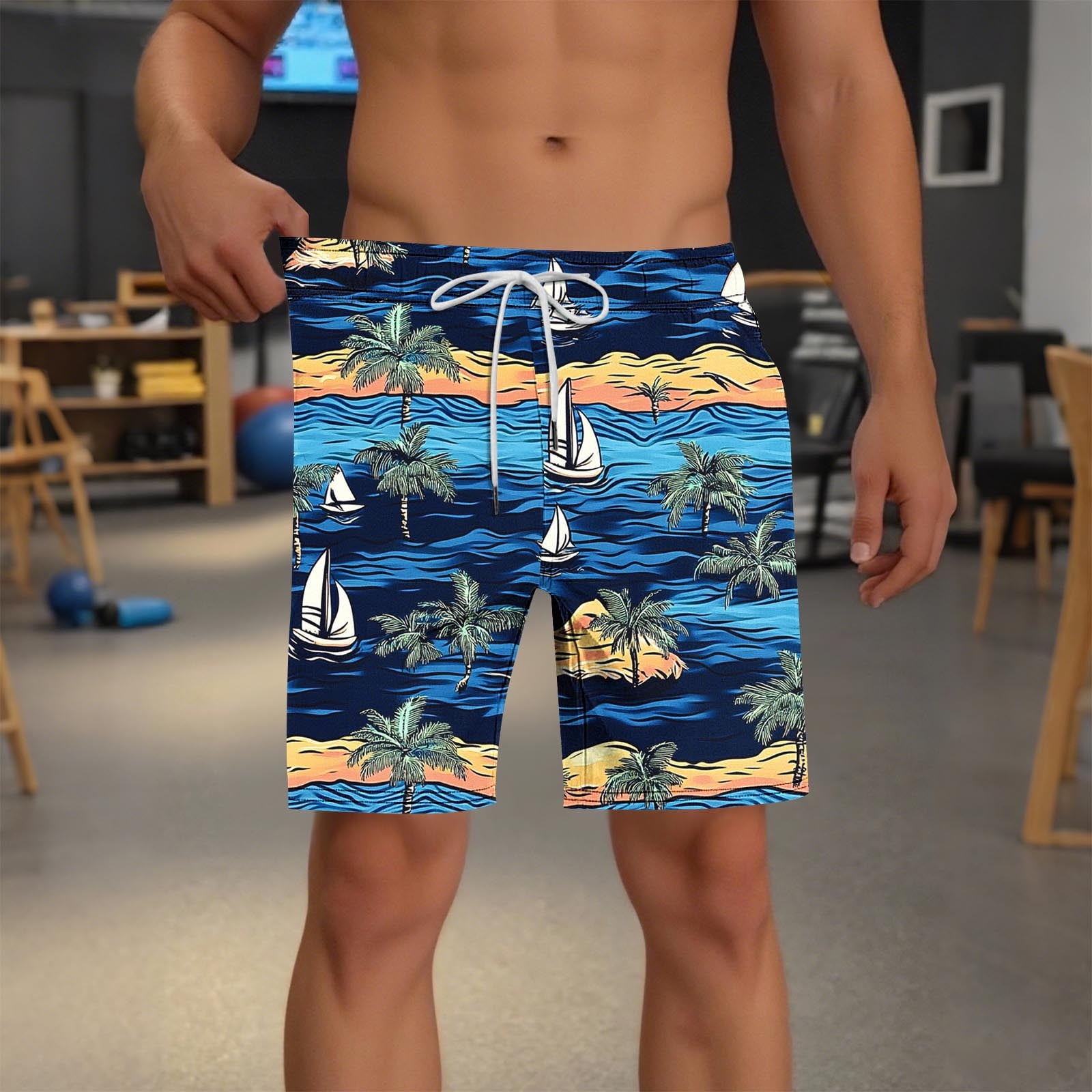Timoontee Men Beach Shorts Stretchy Elastic Waist Functional Side Pockets for Summer Wear Easy Care Machine Washable Blue L