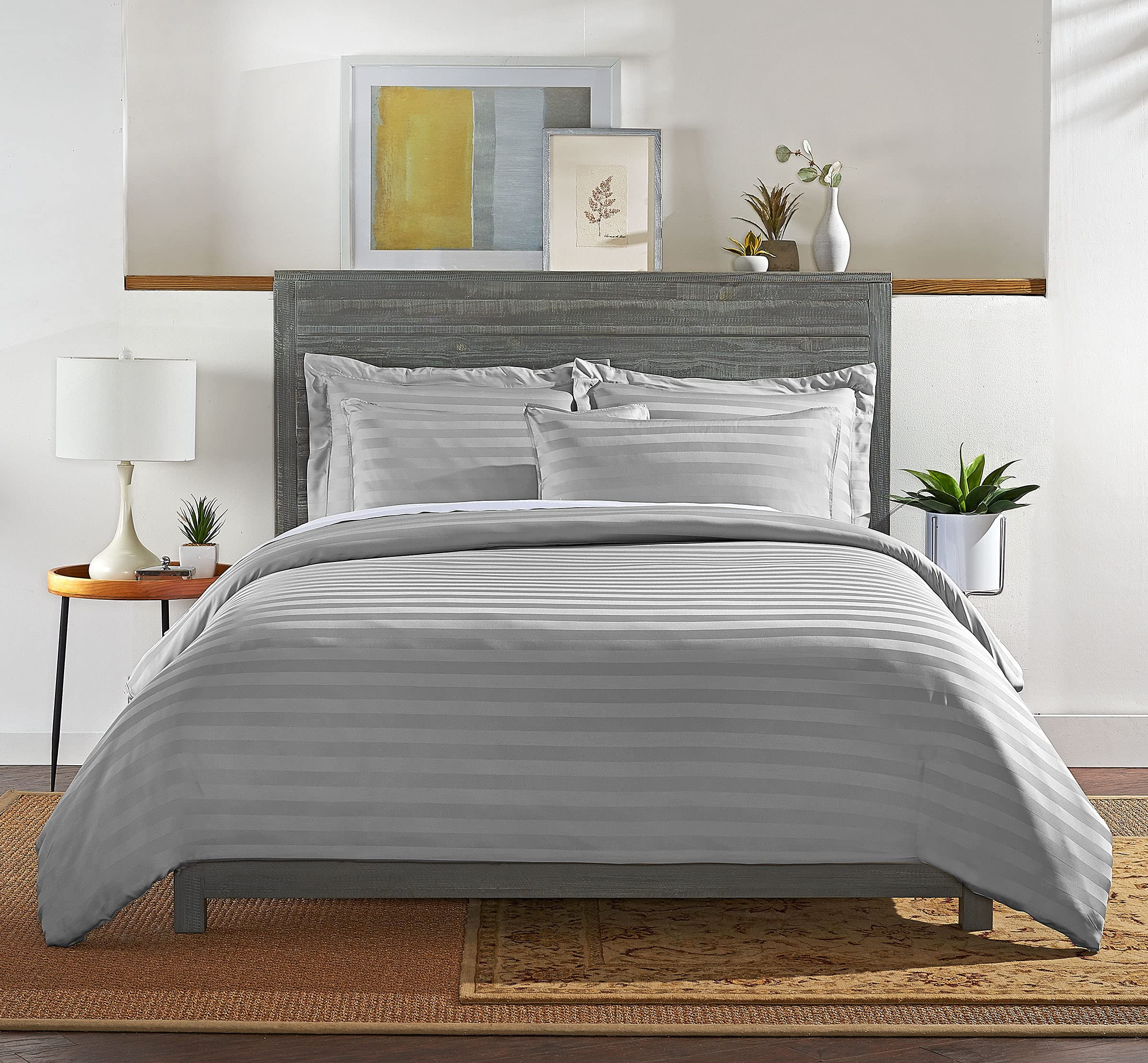 PURE BAMBOO King Size Duvet Cover Set - 100% Organic Bamboo, Luxuriously Soft and Cooling - 3 Piece Set - 1 King Button Closure Duvet Cover with Ties, 2 Pillowcases (King, Jacquard Silver