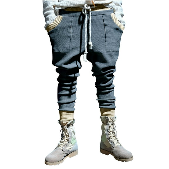 FRSASU Men Pants Solid Color Sport Loose Pleated Small Legs Lace-up Solid Color Full Length Pants Gray M