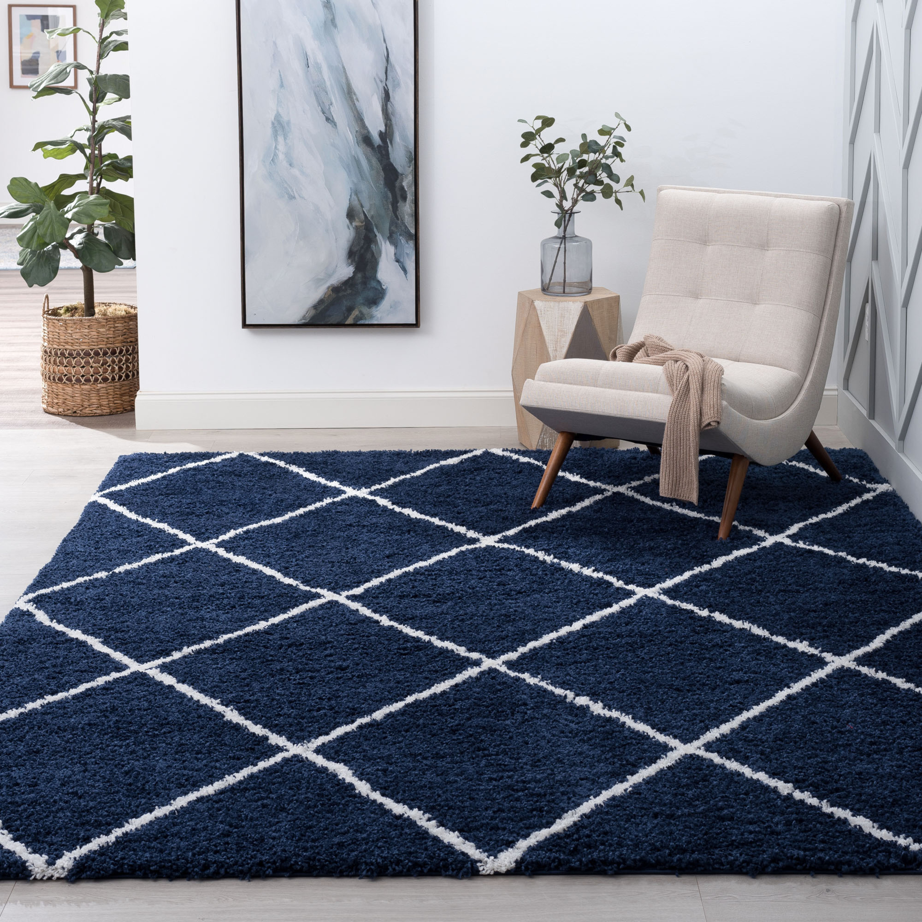 Contemporary 8x10 Area Rug Shag Thick (7'10'' x 10'2'') Diamond Navy, White Living Room Easy to