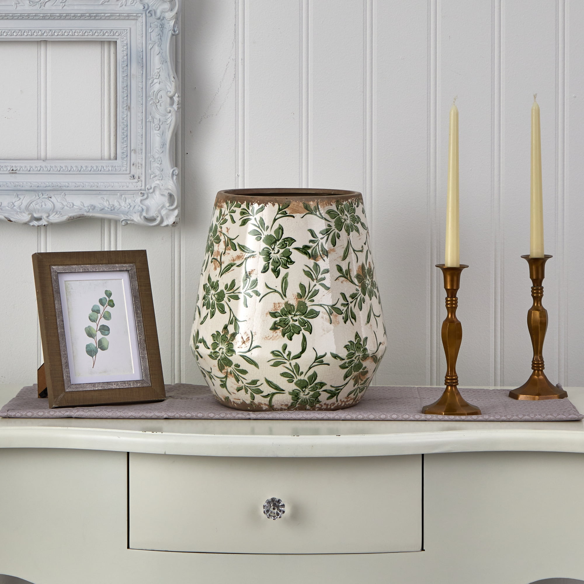 Nearly Natural 11.5" x 11.5" x 12" Tuscan Ceramic Green Scroll Planter