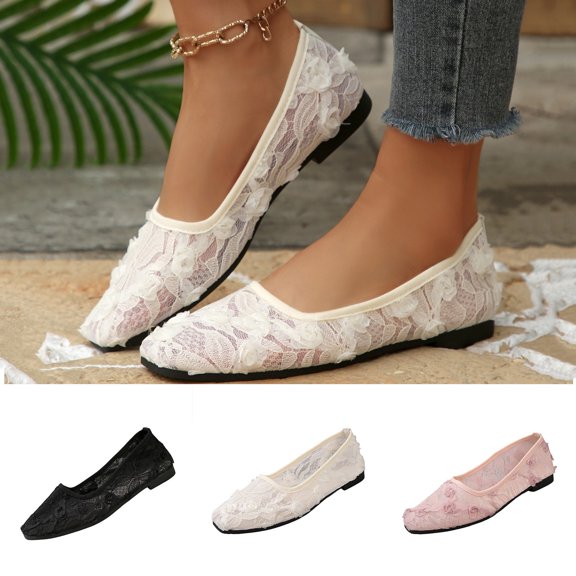 GERsome Women's Ballet Flats Square Closed Toe Slip-On Dress Shoes Lace Mesh Comfort Walking Shoes for Causal Work, White Size 5.5