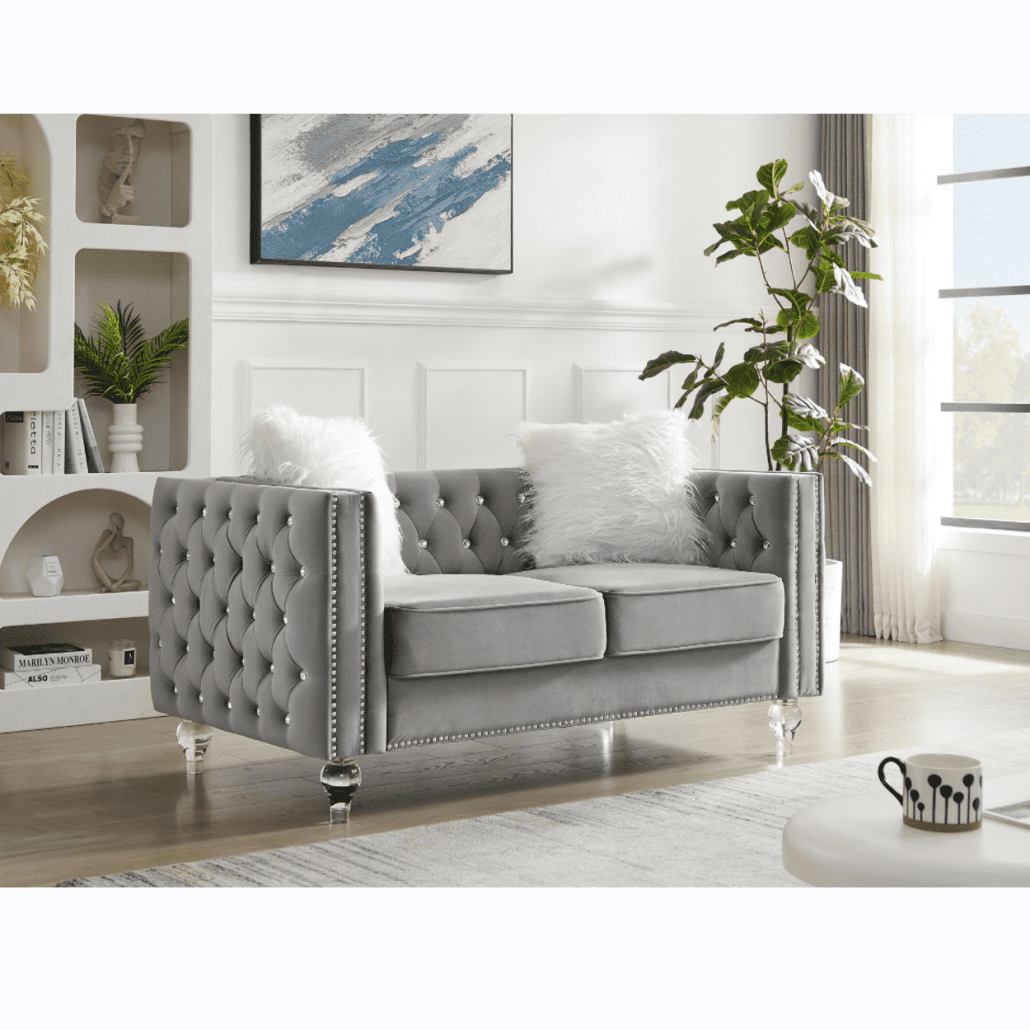 Modern Velvet Upholstered Loveseat Sofa with 2 Plush Pillows, Leisure 2-Seater Couch with Crystal Feet and Buckle, Lounge Sofa for Living Room, Bedroom, Office, Apartment, Gray