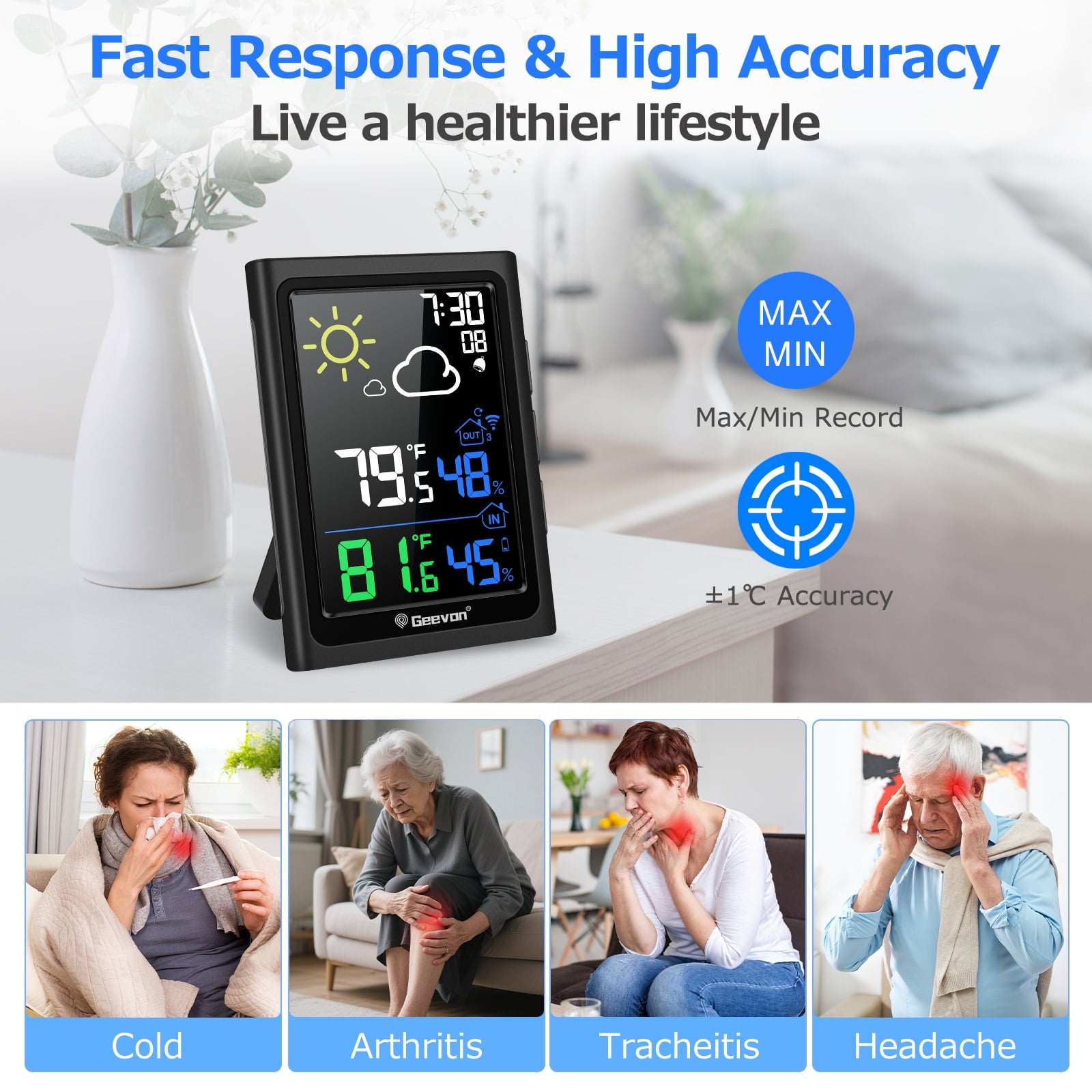 Geevon Indoor Outdoor Thermometer Digital Wireless with Color Display, Digital Hygrometer Temperature Humidity Monitor with Alarm Clock and Backlight